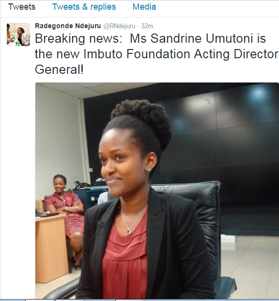 Umutoni Sandrine yari asanzwe ari umunyamabanga wungirije wa Madame Jeannette Kagame ushinzwe itumanaho