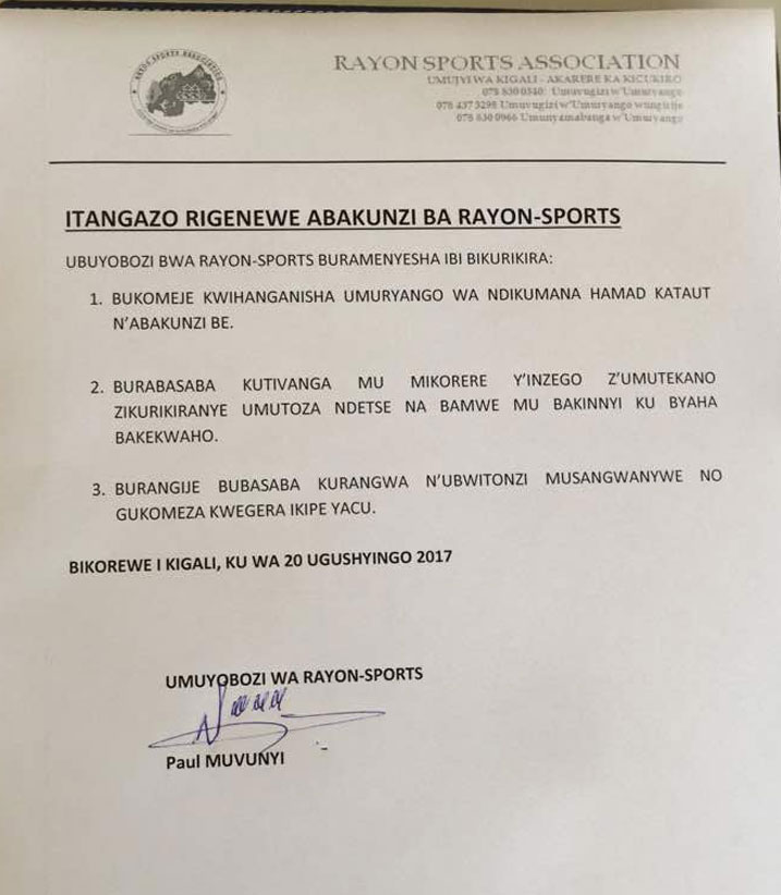 Iri tangazo ryashyizweho umukono n'umuyobozi wa Rayons Sport Paul Muvunyi