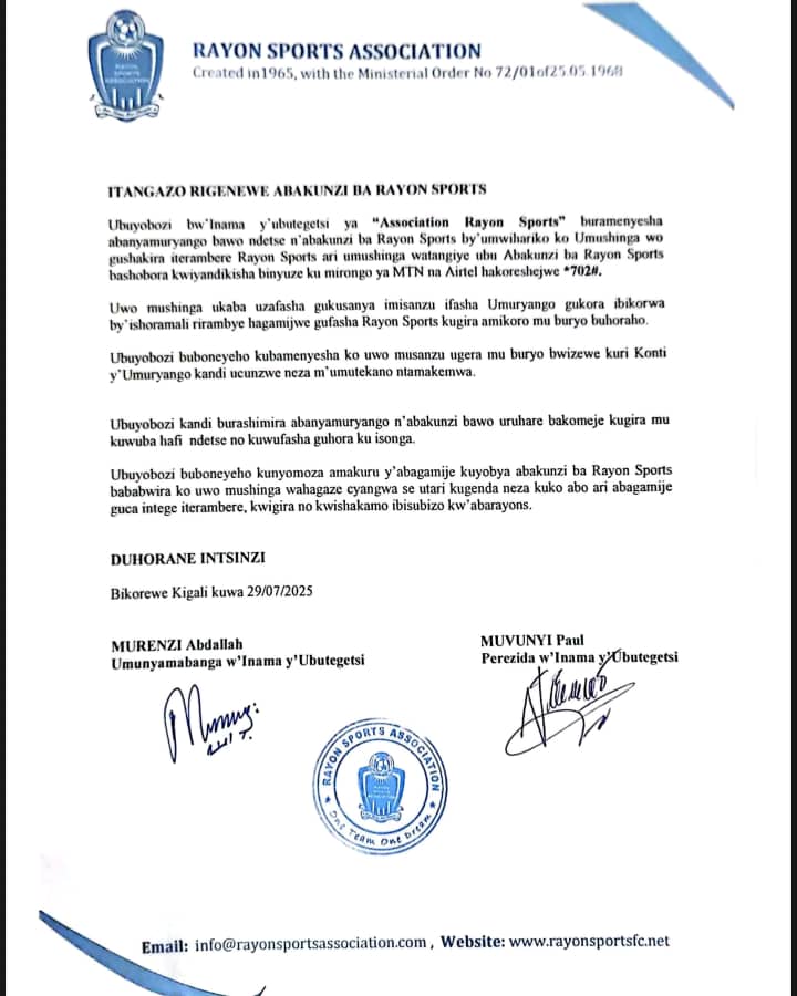 Itangazo Inama y'Ubutegetsi yashyize hanze rirebana n'umushinga wo gushakira Rayon Sports amikoro mu buryo burambye