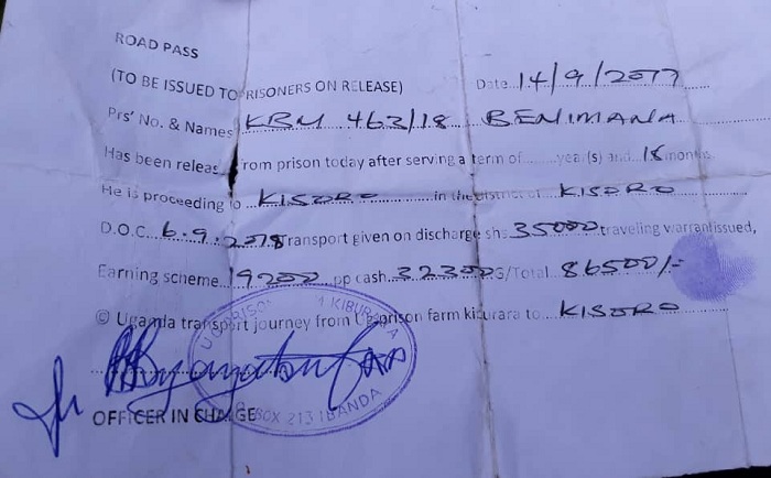 Icyangombwa kigaragaza ko Benimana yari afungiwe muri gereza zo muri Uganda