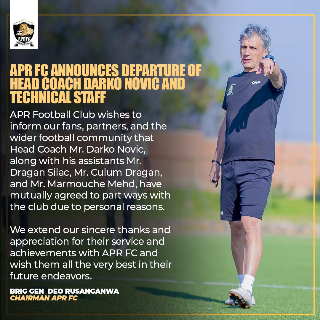 APR FC yashimiye abari abatoza bayo bayobowe na Darko Novic, ivuga ko batandukanye ku bwumvikane 