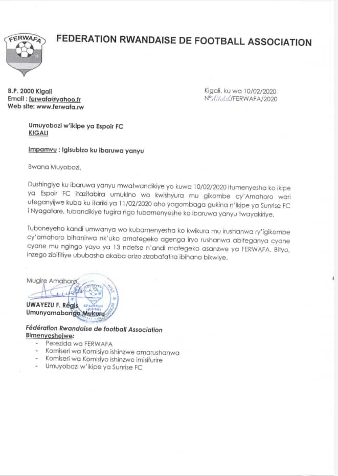 Ibaruwa Ferwafa yandikiye ESPOIR