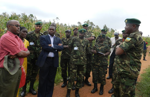 Aha abasirikari barerekwa ahahinzwe ibigori ku buryo bwa kijyambere ku materasi y'indinganire mu murenge wa Mwurire mu karere ka Rwamagana.