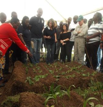 Abahinzi basobanurira abashyitsi uko amaterasi abyazwa umusaruro.