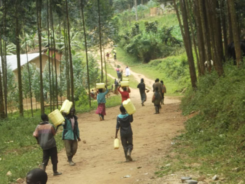 Bakora urugendo rw'amasaha hafi ane n'amaguru kugira ngo bageze amata i Rubavu mu isoko rya Mahoko.