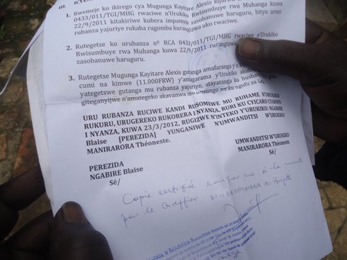 Inyandiko yasomeweho urubanza mu rukiko rwa Nyanza