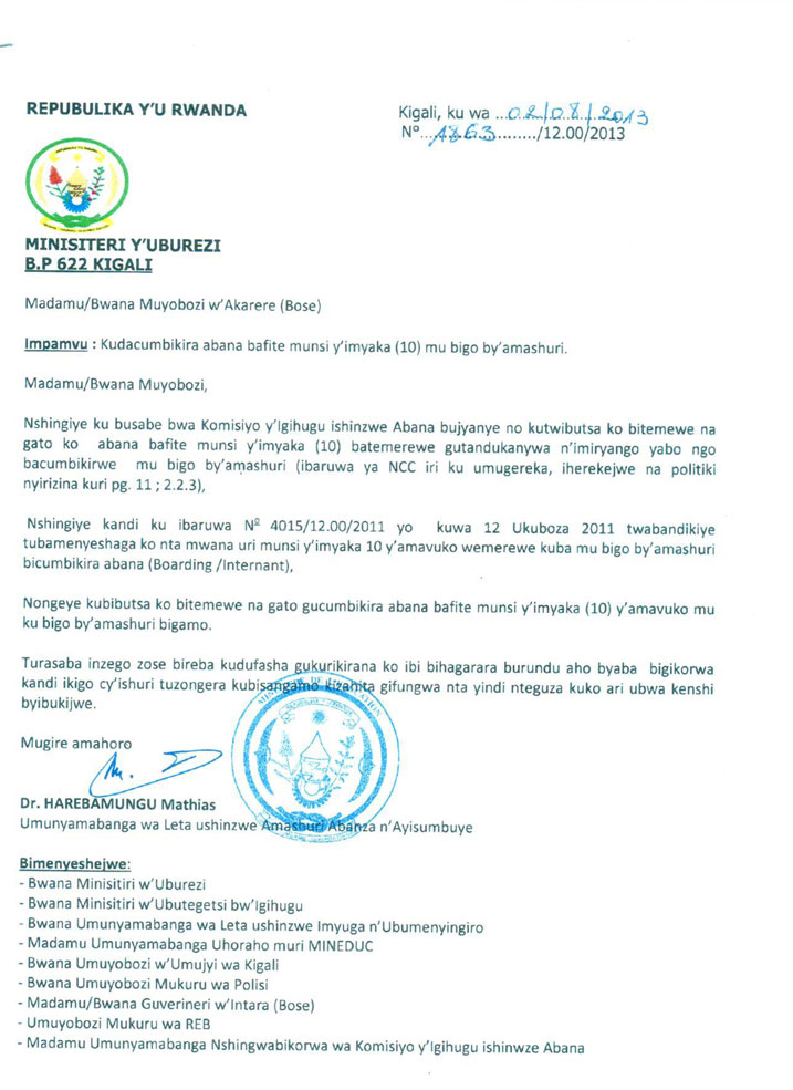 Ibaruwa ibuza ibigo gucumbikira abana bari munsi y'imyaka 10.