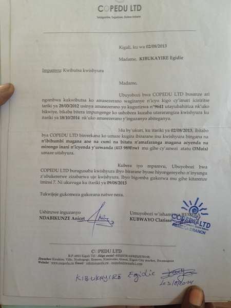 Ibaruwa bandikiwe na banki Copedu ibibutsa ko bagomba gukomeza kwishyura inguzanyo batse.