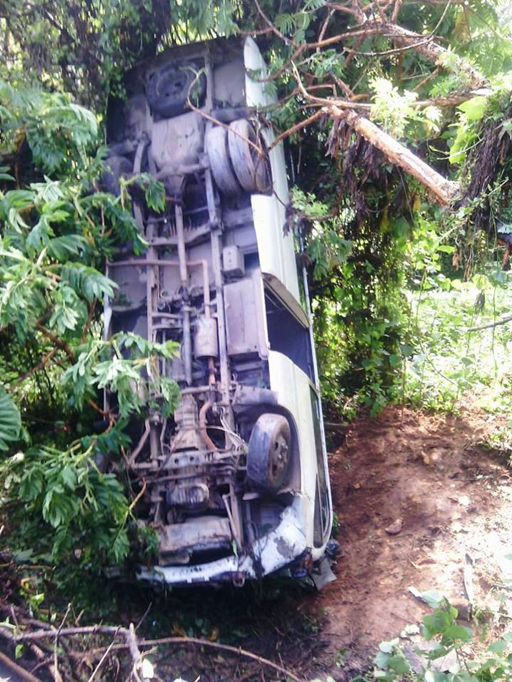 Iyi Coaster ya Impala Express yarenze umuhanda, igeze hepfo ishinga ikizuru irabirinduka, ihagama mu biti icuramye.