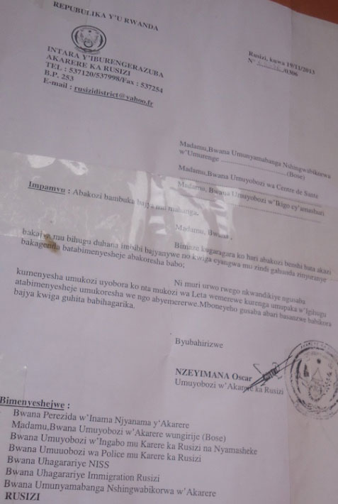 Ibaruwa imanitse ku biro by