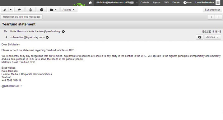 Email umuyobozi wa TEARFUND yandikiye umwanditsi mukuru wa Kigali Today.