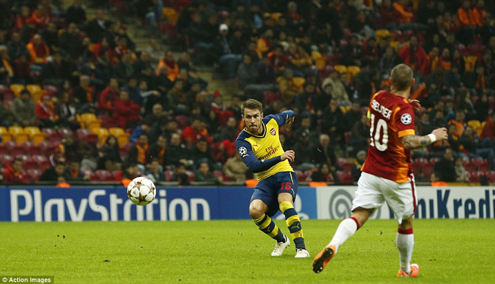 Aaron Ramsey wa Arsenal yatsinze ibitego bibiri mu mukino batsinzemo Galatasaray.