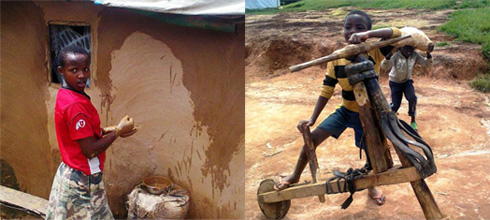 Mu nkambi ya Kiziba abana bakora imirimo itandukanye. (ibumoso) umukobwa arimo gutera igishahuro, (iburyo) umwana agiye gupakira ibiribwa ku igare ry'igiti.