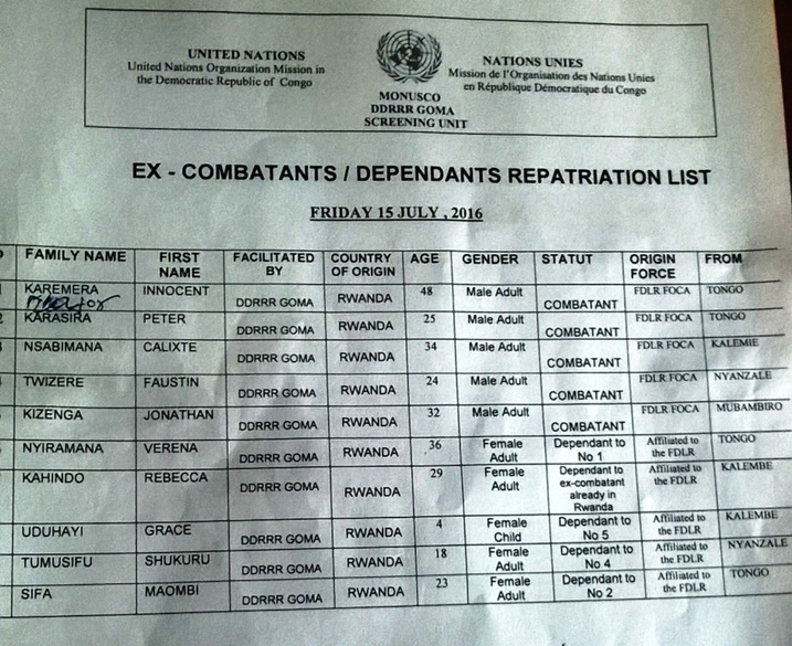 Uru ni urutonde rw'abandi barwanyi ba FDLR batahanye na Maj. Karemera n'imiryango yabo.