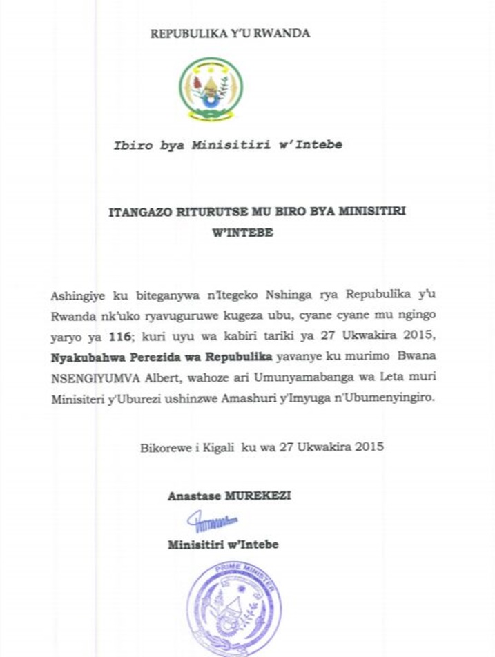Itangazo Minisitiri w'Intebe yashyize ahagaragara.