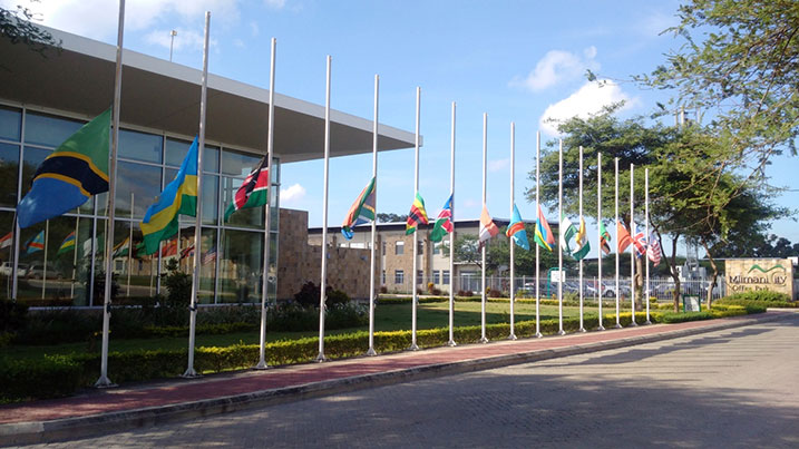 Ibendera rya Tanzaniya, iry'u Rwanda n'ay'ibindi bihugu yamanuwe kugera mu gice mu rwego rwo kwifatanya n'u Rwanda kwibuka Jenoside yakorewe abatutsi.