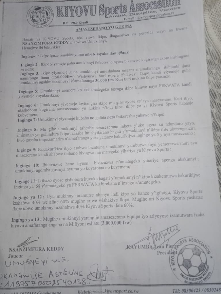 Amasezerano Nsanzimfura Keddy yagiranye na Kiyovu Sports