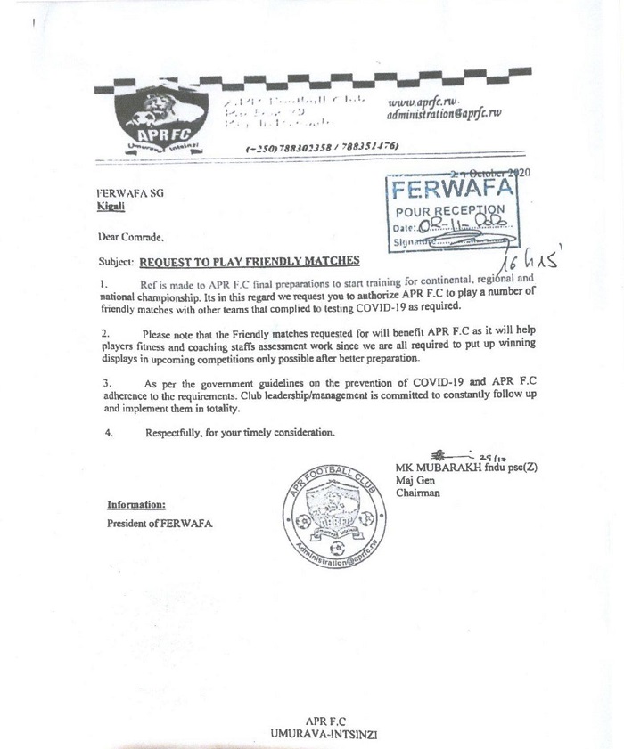 Ubuyobozi bwa APR FC bwasabye uburenganzira bwo gukina imikino ya gicuti ku makipe yapimishijwe COVID-19