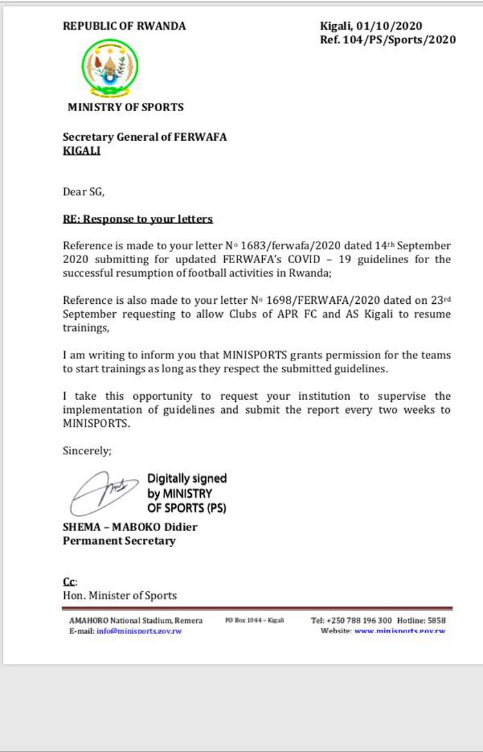 Minisiteri ya Siporo APR FC na AS Kigali gutangira imyitozo