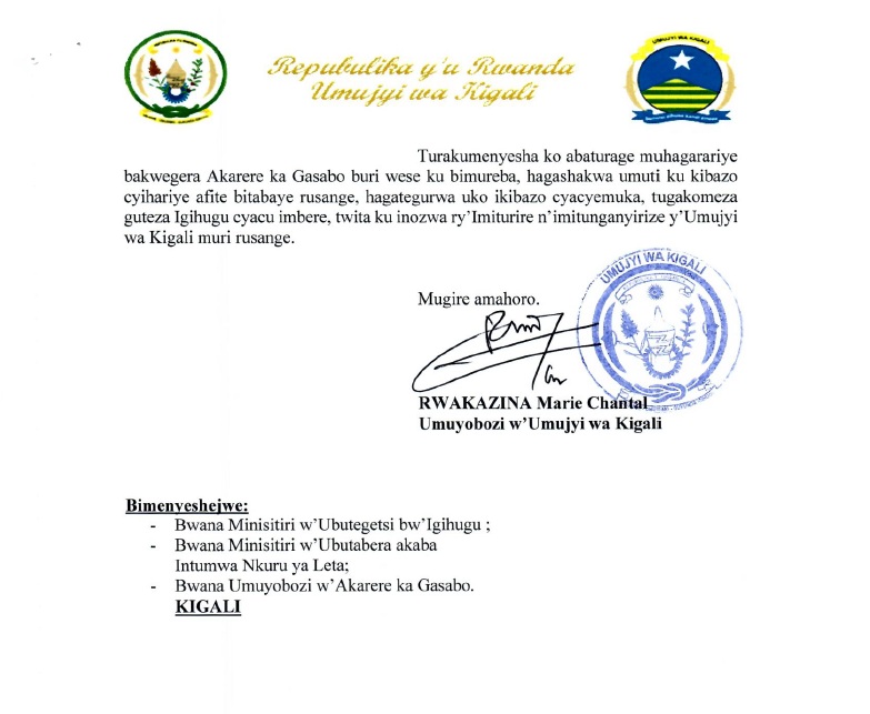Ibaruwa Umujyi wa Kigali wandikiye umunyamategeko w'abatuye Bannyahe