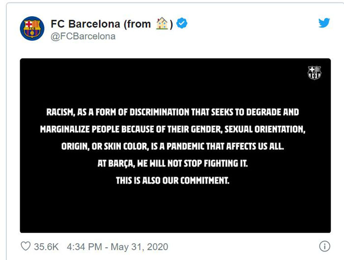 Ikipe ya Fc Barcelona na yo yatanze ubutumwa bwamagana irondaruhu