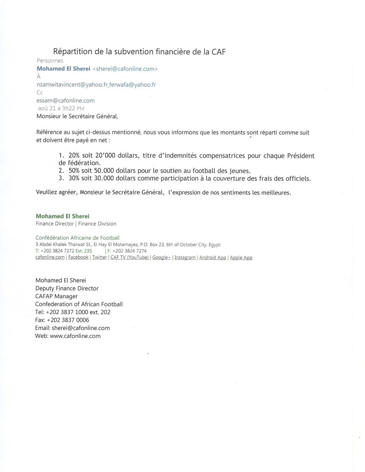 Ibaruwa ya CAF yohererejwe Nzamwita Vincent de Gaulle imwereka amafaranga yohererejwe