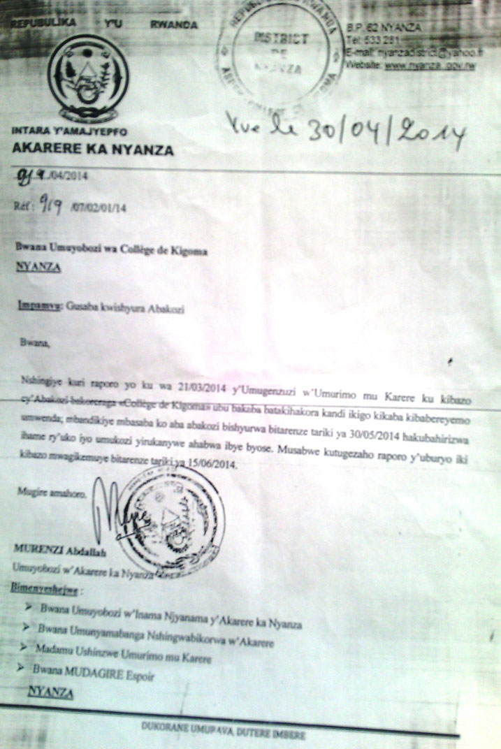 Ibaruwa akarere ka Nyanza kandikiye ubuyobozi bwa Koleji ya Kigoma bubwibutsa kwishyura abarimu bahakoraga.