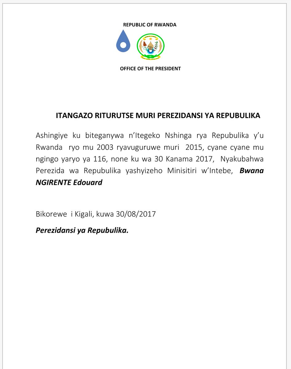 Itangazo ryaturutse muri Perezidansi ya Repubulika 