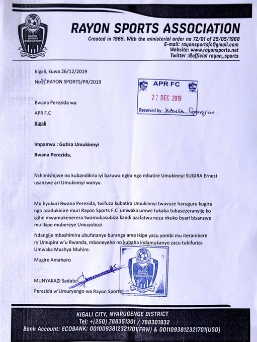 Ibaruwa Rayon Sports yandikiye APR FC itira Sugira 