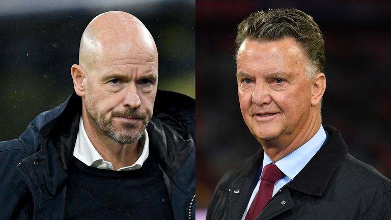 Eric ten Hag (udafite umusatsi) agirwa inama na Louis Van Gaal yo kwitonda ahitamo ikipe