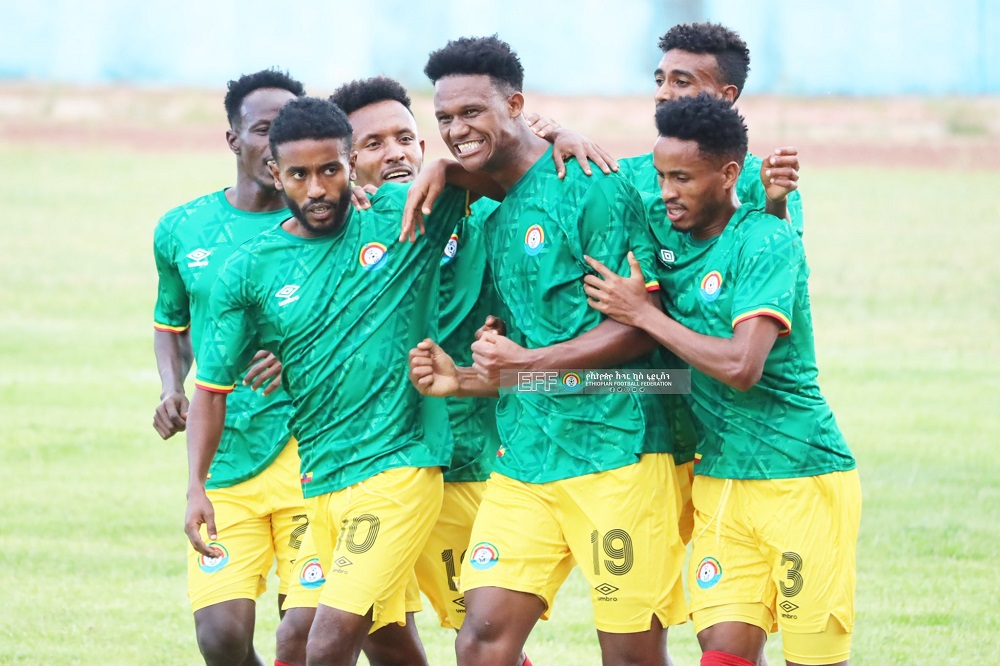 Abakinnyi ba Ethiopia bishimira igitego batsinze u Rwanda ku munota wa 83