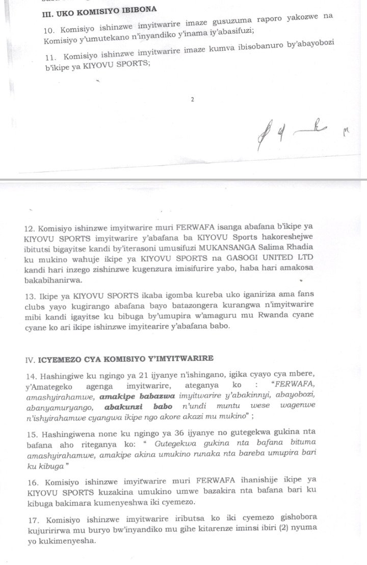 Umwanzuro wa Komisiyo y'imyitwarire muri FERWAFA