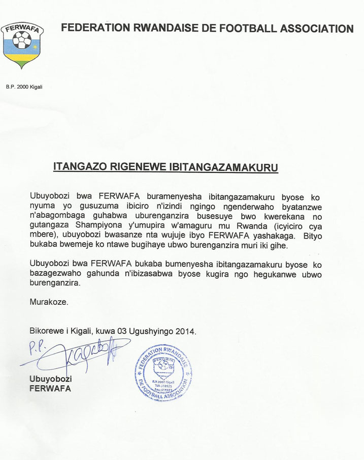 Itangazo Ferwafa yageneye abanyamakuru rivuga ko ntawabashije kuzuza ibyo yasabaga.