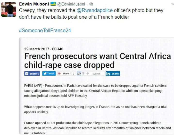 Uyu yibutsaga France 24 ko nubwo yakuyeho ifoto y'umupolisi w'u Rwanda, itatinyutse gukoresha iy'abasirikare b'Abafaransa.