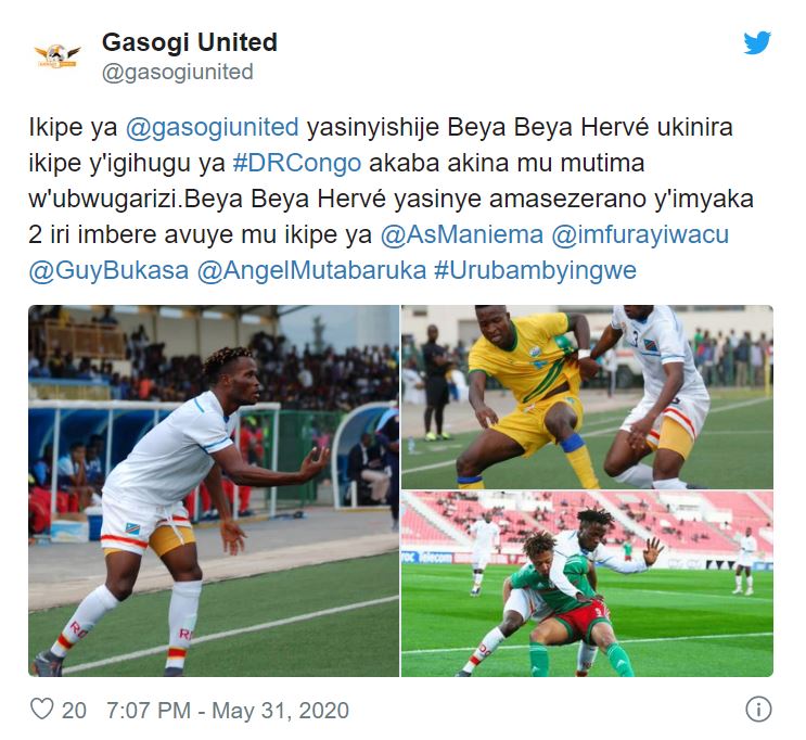 Gasogi yatangaje aya makuru ibinyujije ku rubuga rwayo rwa Twitter