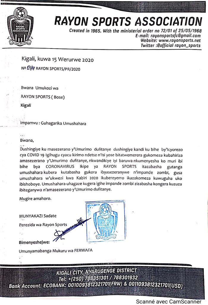 Ibaruwa abakinnyi n'abandi bakozi ba Rayon Sports bahawe ibamenyesha ihagarikwa ry'imishahara