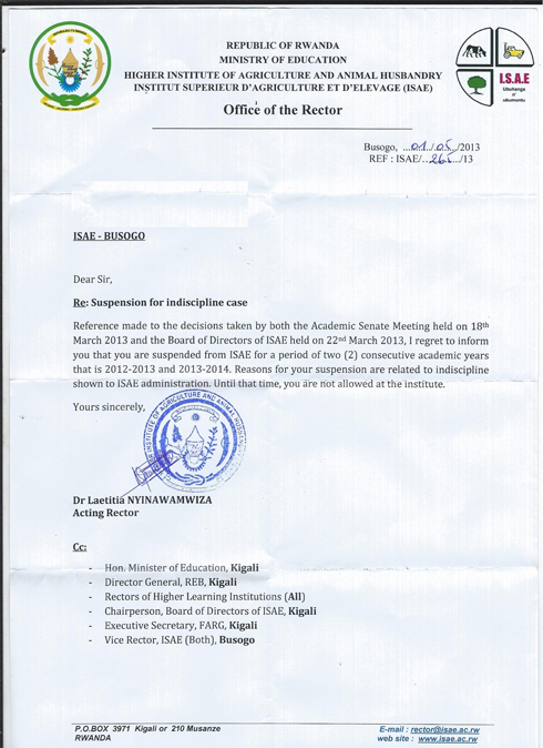 Imwe mu mabaruwa yahawe abirukanwe.