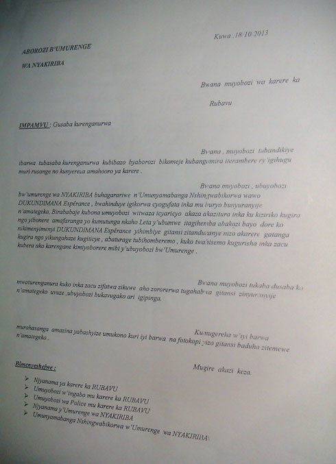 Ibaruwa abaturage bo mu murenge wa Nyakiriba bandikiye ubuyobozi bw'akarere ka Rubavu basaba kurenganurwa.