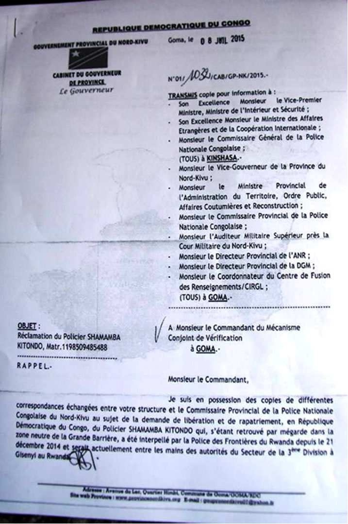 Ibaruwa Leta ya RDC yari yandikiwe JVM isaba ko Shamamba wafatiwe mu Rwanda asubizwa igihugu cye.