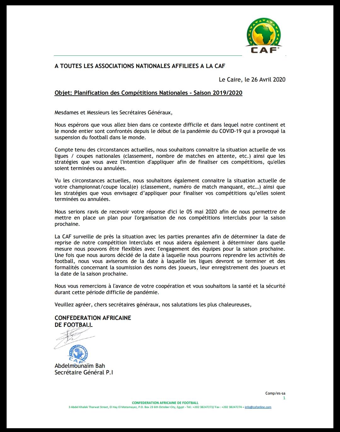 Ibaruwa CAF yandukiye amashyirahamwe y'umupira w'amaguru