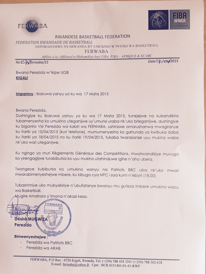 Ibaruwa FERWABA yanditse bwa kabiri imenyesha UGB ko igomba gukina umukino wo kuri 17