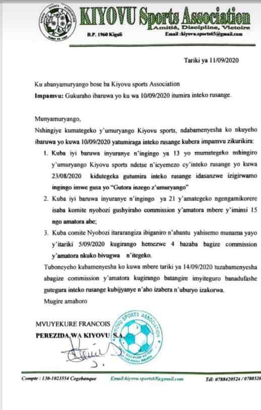 Kiyovu yamaze kwandika ibaruwa ivuguruza iya mbere