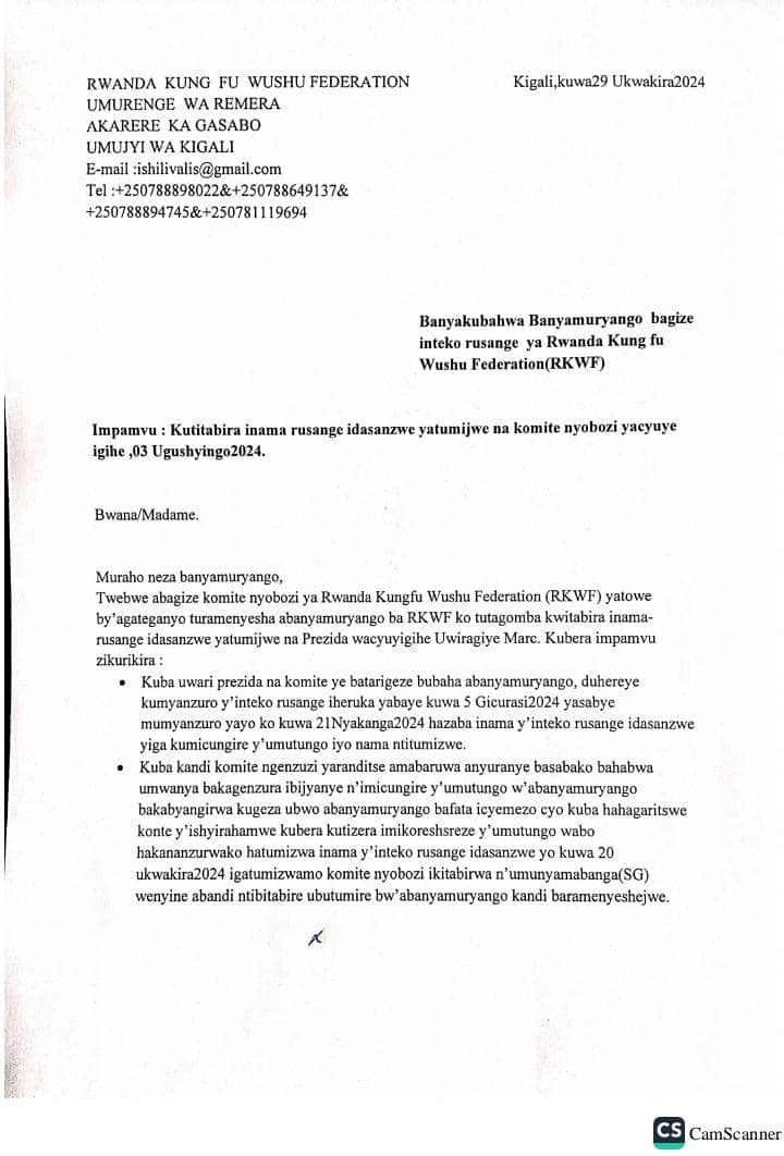 Ibaruwa Komite yiyita iy'agateganyo yandikiye abanyamuryango ibabuza kwitabira inteko rusange idasanzwe yari yatumijwe na RKWF binyuze kuri Perezida Uwiragiye Marc yabuze abantu tariki ya 3 Ugushyingo 2024