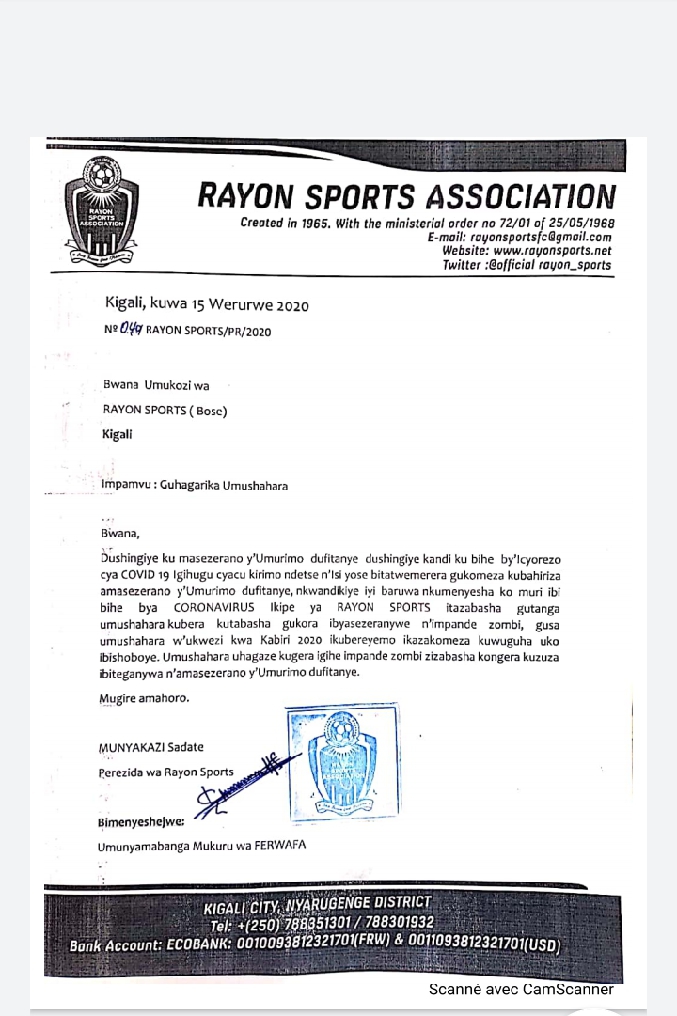 Ibaruwa Rayon Sports yandikiye abakozi bayo ihagarika amasezerano
