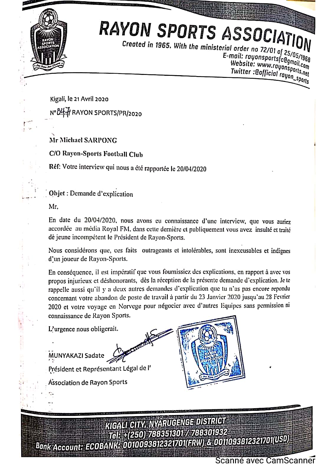 Ibsruwa Rayon Sports yandikiye Michael Sarpong