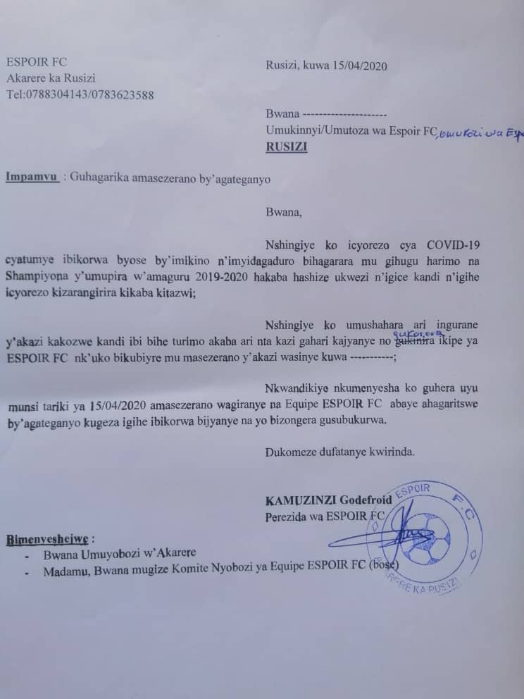 Ibaruwa yandikiwe abakkinnyi n'abatoza ba ESPOIR