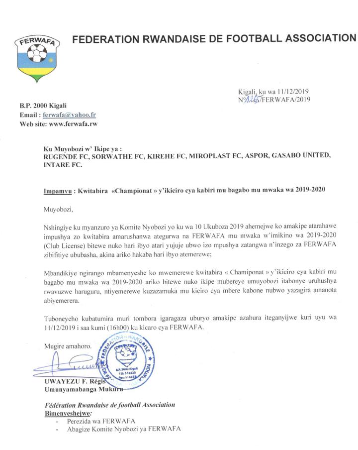 Ibaruwa Ferwafa yandikiye amakipe iyamenyesha umwanzuro wa Komite Nyobozi ya Ferwafa