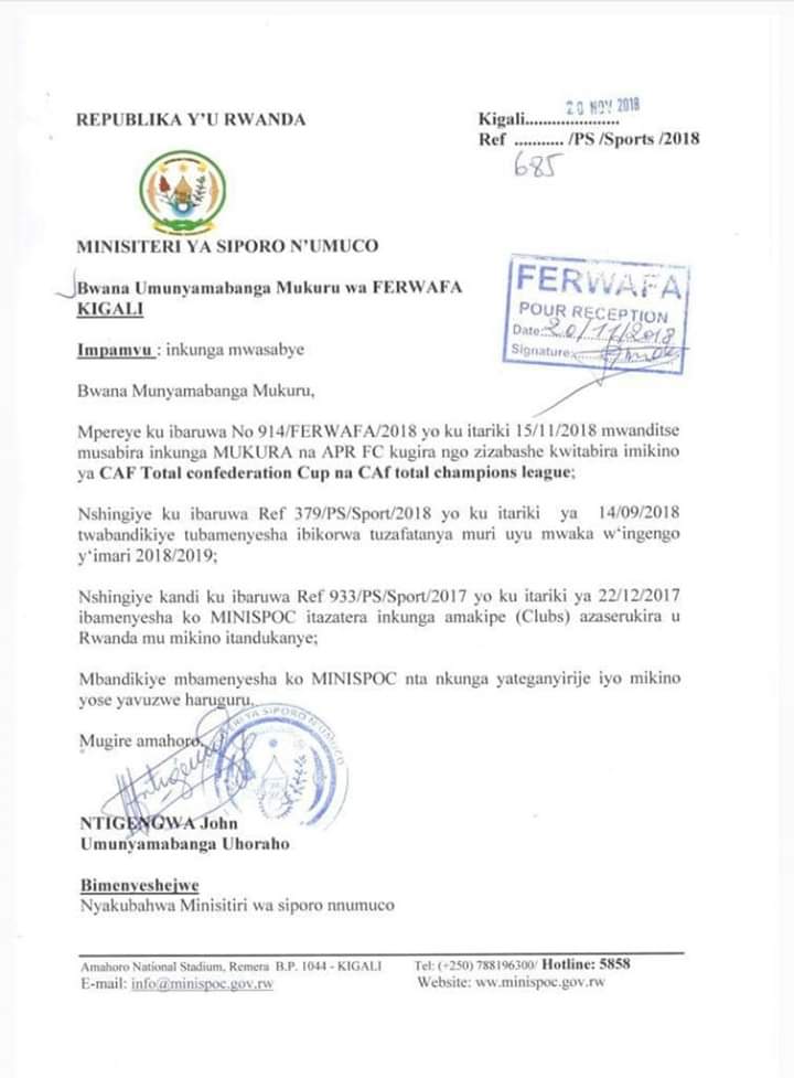 Ibaruwa ya MINISPOC ihakanira Ferwafa ku nkunga yayisabaga