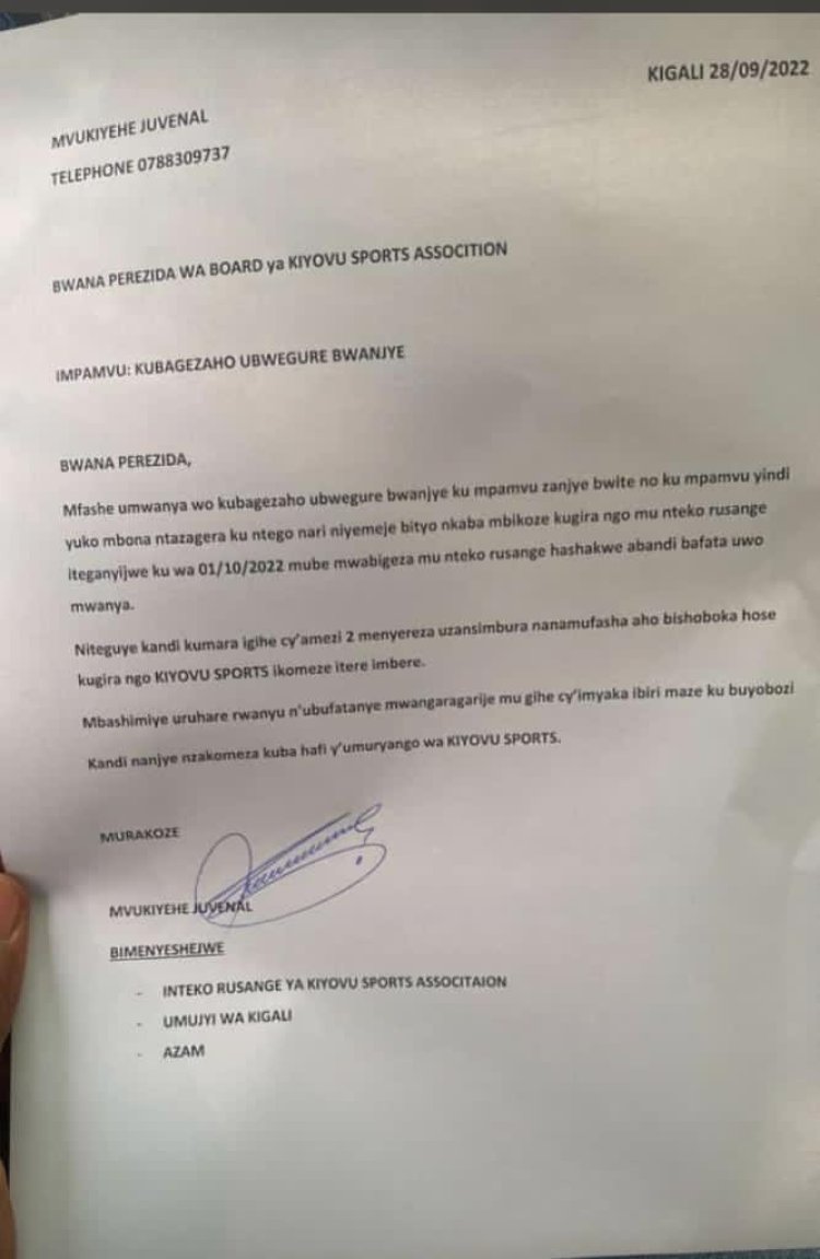 Ibaruwa Mvukiyehe Juvenal yanditse yegura ku buyobozi bwa Kiyovu Sports