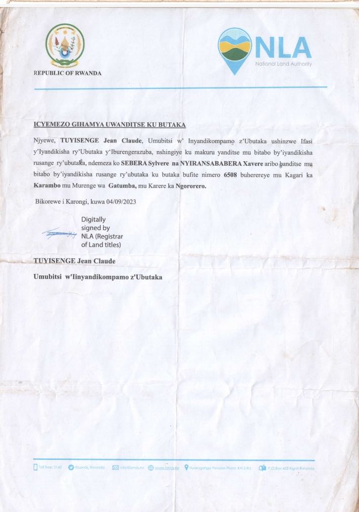 Nyiransababera yaracumbikishirijwe, nyamara umubitsi w'impapuro mpamo z'ubutaka mu Ifasi y'Iburengerazuba agaragaza ko ahagurishijwe ari mu kwe 